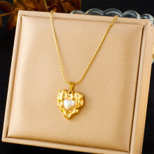 (N3188) HKEDES Vintage Gold-Plated Heart Fan Turquoise Pearl Stainless Steel Earring & Necklace Jewelry Set for Women