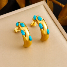 (E6210) HKEDES Vintage Gold-Plated Heart Fan Turquoise Pearl Stainless Steel Earring & Necklace Jewelry Set for Women