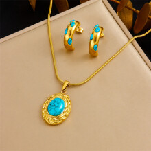 (N3187 E6210) HKEDES Vintage Gold-Plated Heart Fan Turquoise Pearl Stainless Steel Earring & Necklace Jewelry Set for Women