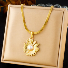 (N3192) HKEDES Vintage Gold-Plated Heart Fan Turquoise Pearl Stainless Steel Earring & Necklace Jewelry Set for Women