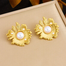 (E6211) HKEDES Vintage Gold-Plated Heart Fan Turquoise Pearl Stainless Steel Earring & Necklace Jewelry Set for Women