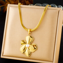 (N3193) HKEDES Vintage Gold-Plated Heart Fan Turquoise Pearl Stainless Steel Earring & Necklace Jewelry Set for Women