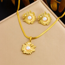 (N3192 E6211) HKEDES Vintage Gold-Plated Heart Fan Turquoise Pearl Stainless Steel Earring & Necklace Jewelry Set for Women