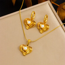 (N3185 E6203) HKEDES Vintage Gold-Plated Heart Fan Turquoise Pearl Stainless Steel Earring & Necklace Jewelry Set for Women