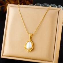 (N3191) HKEDES Vintage Gold-Plated Heart Fan Turquoise Pearl Stainless Steel Earring & Necklace Jewelry Set for Women