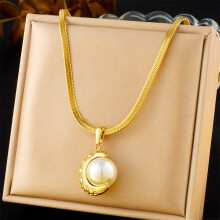 (N3186) HKEDES Vintage Gold-Plated Heart Fan Turquoise Pearl Stainless Steel Earring & Necklace Jewelry Set for Women