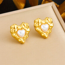 (E6206) HKEDES Vintage Gold-Plated Heart Fan Turquoise Pearl Stainless Steel Earring & Necklace Jewelry Set for Women