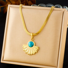 (N3189) HKEDES Vintage Gold-Plated Heart Fan Turquoise Pearl Stainless Steel Earring & Necklace Jewelry Set for Women