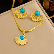 (N3189 E6207) HKEDES Vintage Gold-Plated Heart Fan Turquoise Pearl Stainless Steel Earring & Necklace Jewelry Set for Women