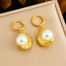 (E6204) HKEDES Vintage Gold-Plated Heart Fan Turquoise Pearl Stainless Steel Earring & Necklace Jewelry Set for Women