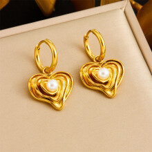 (E6203) HKEDES Vintage Gold-Plated Heart Fan Turquoise Pearl Stainless Steel Earring & Necklace Jewelry Set for Women