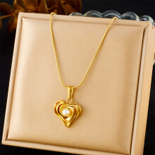 (N3185) HKEDES Vintage Gold-Plated Heart Fan Turquoise Pearl Stainless Steel Earring & Necklace Jewelry Set for Women
