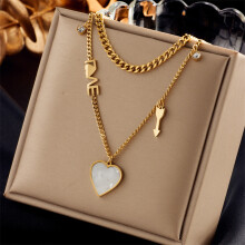 (N1849) HKEDES Retro Stainless Steel Multi-layer Chain Cross Heart Pearl Pendant Necklace for Women
