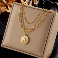 (N1846) HKEDES Retro Stainless Steel Multi-layer Chain Cross Heart Pearl Pendant Necklace for Women