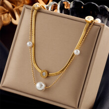 (N1841) HKEDES Retro Stainless Steel Multi-layer Chain Cross Heart Pearl Pendant Necklace for Women