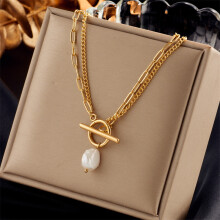(N1844) HKEDES Retro Stainless Steel Multi-layer Chain Cross Heart Pearl Pendant Necklace for Women
