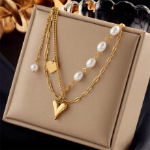 (N1847) HKEDES Retro Stainless Steel Multi-layer Chain Cross Heart Pearl Pendant Necklace for Women