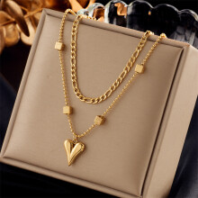 (N1842) HKEDES Vintage Gold-Plated Double Layer Stackable Necklace with Butterfly, Pearl, Portrait & Round Charms for Women