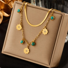 (N1759) HKEDES Vintage Gold-Plated Double Layer Stackable Necklace with Butterfly, Pearl, Portrait & Round Charms for Women