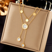 (N1954) HKEDES Vintage Gold-Plated Double Layer Stackable Necklace with Butterfly, Pearl, Portrait & Round Charms for Women
