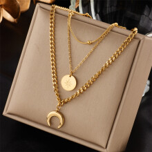 (N1705) HKEDES Vintage Gold-Plated Double Layer Stackable Necklace with Butterfly, Pearl, Portrait & Round Charms for Women