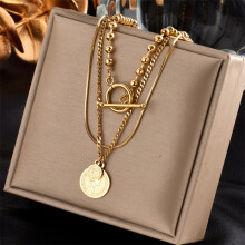 (N1415) HKEDES Vintage Gold-Plated Double Layer Stackable Necklace with Butterfly, Pearl, Portrait & Round Charms for Women