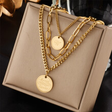 (N1707) HKEDES Vintage Gold-Plated Double Layer Stackable Necklace with Butterfly, Pearl, Portrait & Round Charms for Women