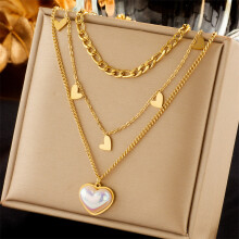 (N2055) HKEDES Vintage Gold-Plated Double Layer Stackable Necklace with Butterfly, Pearl, Portrait & Round Charms for Women