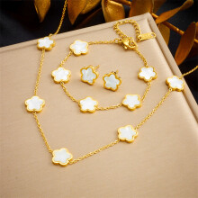 (N2757) HKEDES Elegant Vintage Five-Petal Flower Stainless Steel Gold-Plated Earrings Bracelet Necklace Three-Piece Jewelry Set for Women