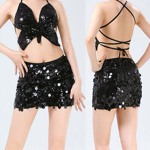 Easy To Clean Sparkly Sequined Skirt Polyester Short-Pink S 2