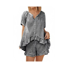 Damen-Pyjama-Set mit Vichy-Karo, 2-teilig, mit Puffärmeln, Rüschen-Babydoll-Top und Shorts, Sommeroutfit,