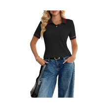Dames gestreept golfshirt, comfortabele pasvorm, korte mouwen, zomerse trui, stretchblouse voor werk