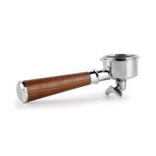 54 mm espressoportafilter, kaffeportafilter med dubbelpip. Tillverkad i rostfritt stål med valnötshandtag.