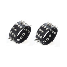 2X Metal Leather Men's Bangle Bracelet with Killer Studs Decorative Studs Black