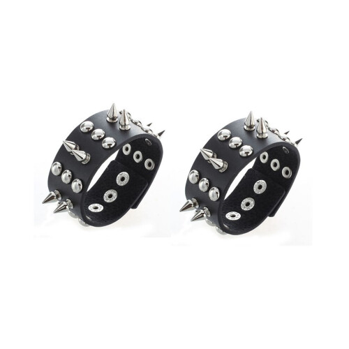 2X Metal Leather Men's Bangle Bracelet with Killer Studs Decorative Studs Black