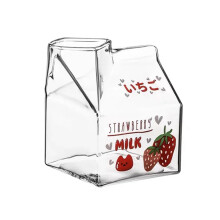 350 ml Kawaii vierkante melkpak glazen beker, hittebestendig, zoete aardbei-perzik ontbijtbeker, puddingbeker,