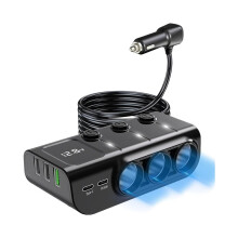 8-in-1 Car Charger - 3-Way Socket Adapter (12V/24V), QC3.0 + PD36W Dual USB, LED Voltmeter, 1M Cable (Car Accessories)