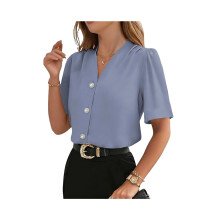 Damesblouses: Elegant, casual, zomer, korte mouwen, knoopsluiting, zakelijk, werkblouses, blauw, XL