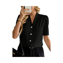 Damesblouses: Elegant, casual, zomer, korte mouwen, knoopsluiting, zakelijk, werkblouse, zwart, maat