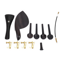A natural ebony 4/4 violin accessory set consisting of 4 pegs, chin rest, end pin, 4 fine gold tuners, tailpiece
