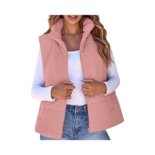 Mouwloos damesvest voor herfst/winter, kort topje, warm, gewatteerd, opstaande kraag, dons, roze, maat