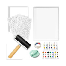 Gelprintset met een grote gelplaat van 5 x 7 inch, een verfroller, acrylverf, A5-printpapier en essentiële