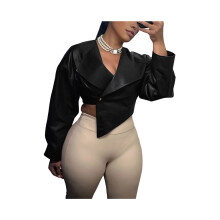 Kurze Lederjacke für Damen, Kunstleder, asymmetrischer Saum, Reverskragen, lange Ärmel, bordeauxrot/schwarz,