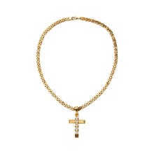 Herren Edelstahl Gold Kreuz Zirkon AnhäNger Halskette Flat Chain Tone 6Mm 22 Zoll