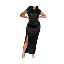 Maxikleid Aus Satin für Damen mit Hohem Schlitz - Elegantes Abendkleid mit Stehkragen und Kurzen Ärmeln Schwarz L