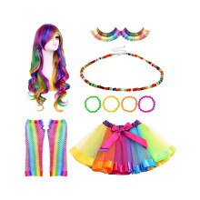 Regenboogpruik, lange krullende tule rok, handschoenen, kledingset voor cosplaykostuums, danskostuum,