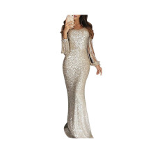 Paillettenbesetztes Abendkleid für Damen, Formelles Partykleid, Figurbetontes Maxikleid mit Herzausschnitt und Langen Ärmeln Silber S