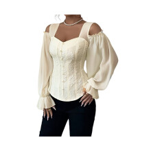 Renaissance corset top with long sleeves for women, bustier lace top with belt for the overbust area for going out, apricot color, size S
