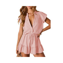 Summer jumpsuit for women 2026: V-neck, short sleeves, button placket, ruffles and pockets, pink, M