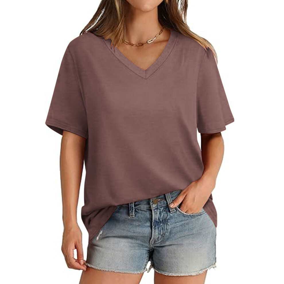 Brown Women's V-Neck Short-Sleeved Solid Color Loose Basic- L